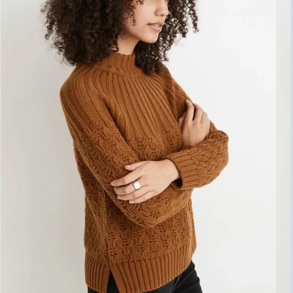 Madewell Pointelle Stitch-Mix Mockneck Sweater Brown Dried Cedar Sz Small